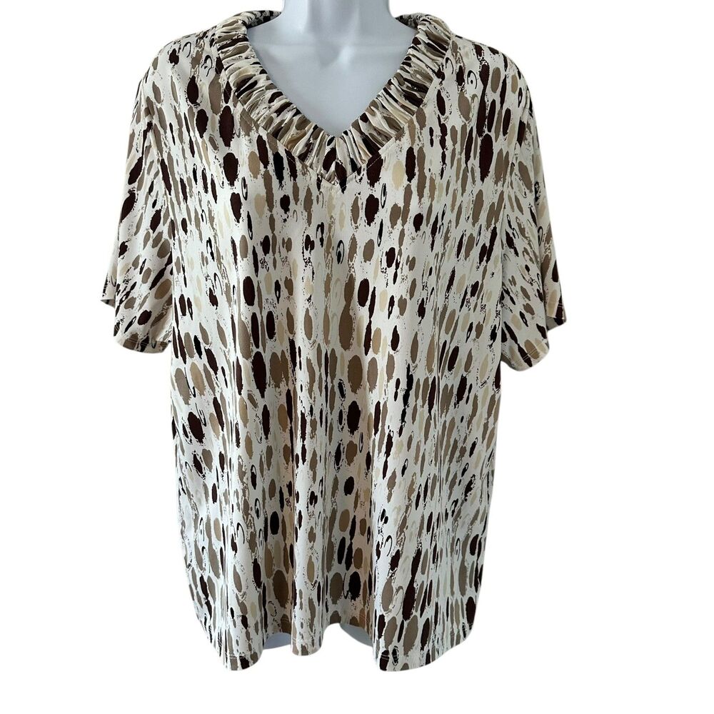 Allison Daley Cream Tan Brown Patterned Ruched V-Neck Top Size XL
